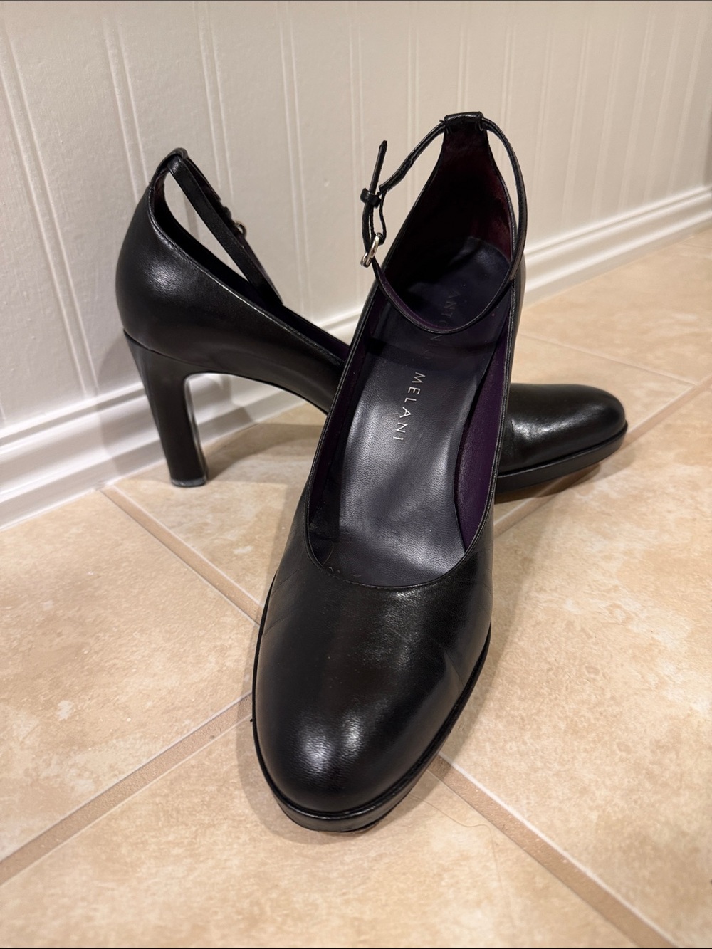 ANTONIO MELANI Black Leather Ankle-Strap Pumps